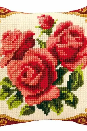 Red Roses Printed Cross Stitch Cushion Kit by Vervaco Final Sale