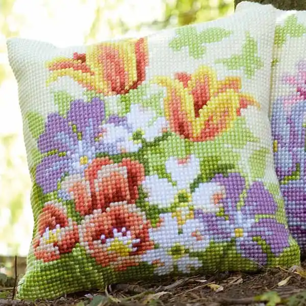 Weekend Sale Spring Flowers Printed Cross Stitch Cushion Kit by Vervaco