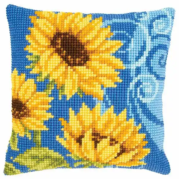 Price Cut Blue Sunflowers Printed Cross Stitch Cushion Kit by Vervaco