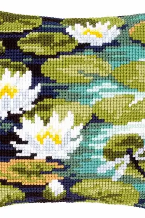 Trending Waterlilies Printed Cross Stitch Cushion Kit by Vervaco