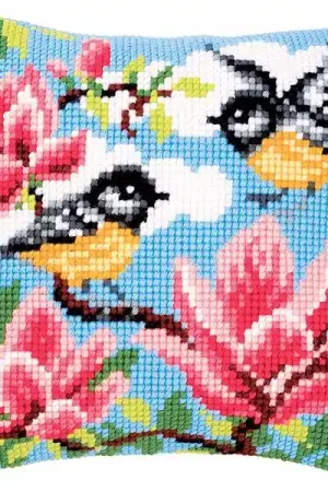 Blue Tits Printed Cross Stitch Cushion Kit by Vervaco Premium