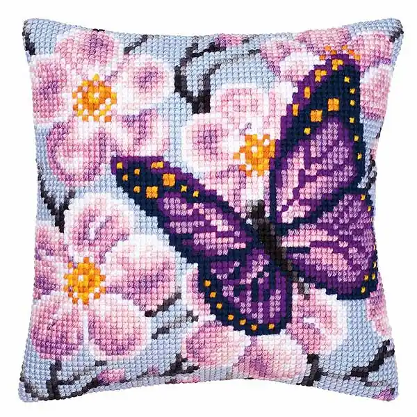 Place Order Purple Butterfly Printed Cross Stitch Cushion Kit by Vervaco
