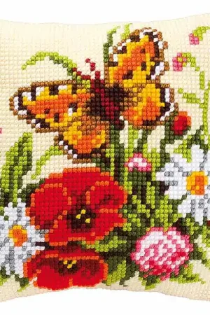 Butterfly and Flowers Printed Cross Stitch Cushion Kit by Vervaco Reduced Price