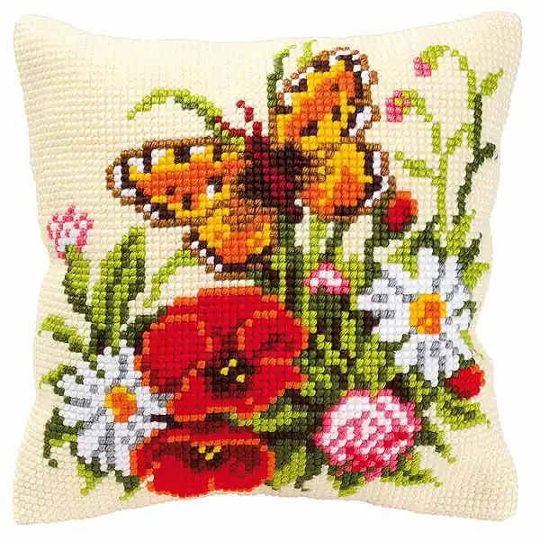 Butterfly and Flowers Printed Cross Stitch Cushion Kit by Vervaco Reduced Price