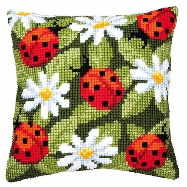 Ladybirds Printed Cross Stitch Cushion Kit by Vervaco Hassle-Free Returns