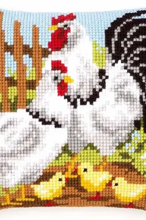 Rooster Family Printed Cross Stitch Cushion Kit by Vervaco Free Shipping