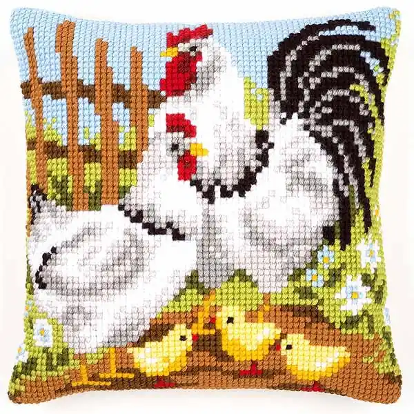 Rooster Family Printed Cross Stitch Cushion Kit by Vervaco Free Shipping
