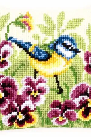 Today Only Blue Tit on Pansies Printed Cross Stitch Cushion Kit by Vervaco