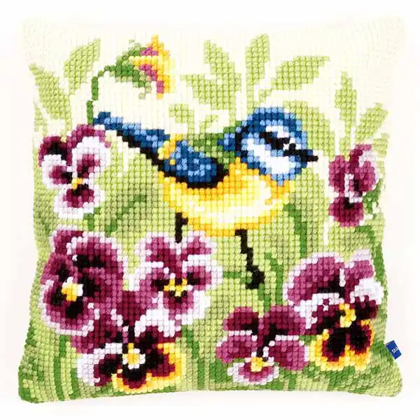 Today Only Blue Tit on Pansies Printed Cross Stitch Cushion Kit by Vervaco