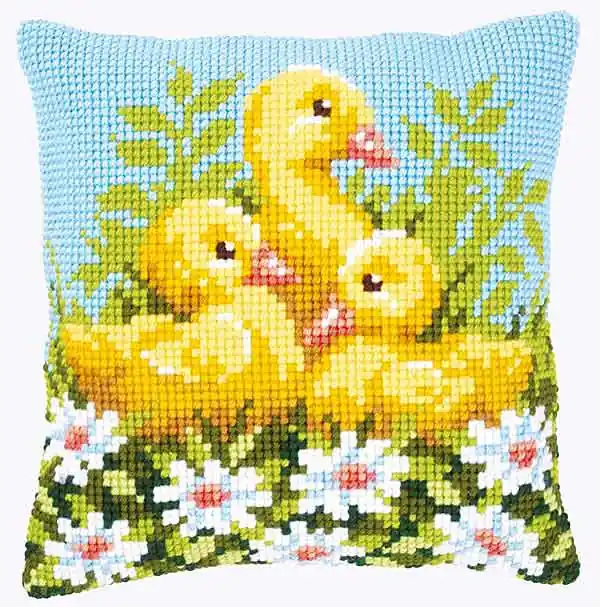 Ducklings with Daisies Printed Cross Stitch Cushion Kit by Vervaco Limited Edition
