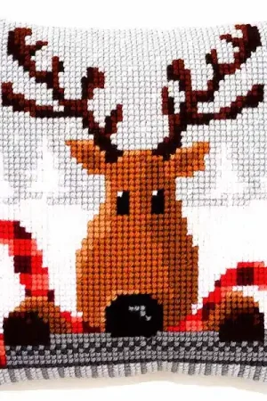 Reindeer with Red Scarf Printed Cross Stitch Cushion Kit by Vervaco Original