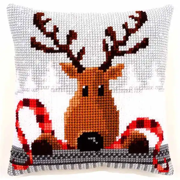 Reindeer with Red Scarf Printed Cross Stitch Cushion Kit by Vervaco Original