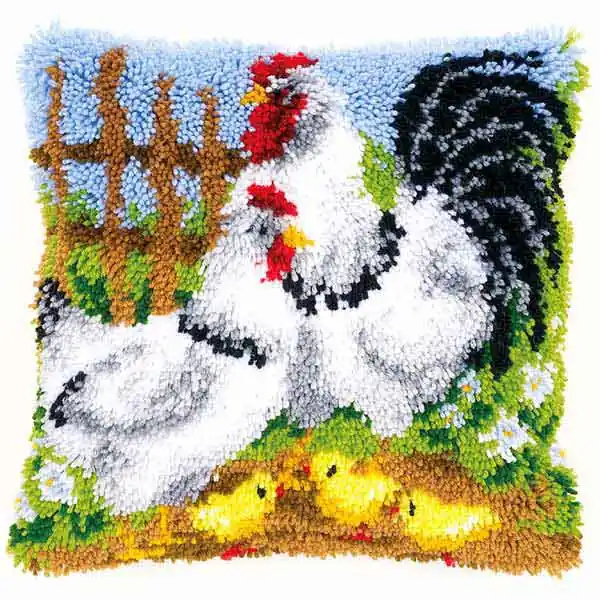 Exclusive Chicken Family Latch Hook Cushion Kit By Vervaco
