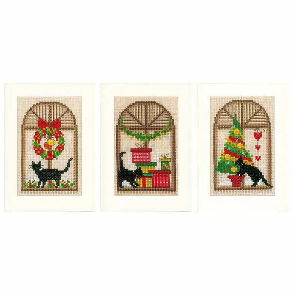 Premium Christmas Cats Cross Stitch Christmas Card Kit By Vervaco