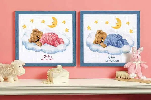 Teddy on Clouds Birth Sampler Cross Stitch Kit By Vervaco Brand New