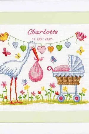 Stork and Pram Birth Sampler Cross Stitch Kit By Vervaco While Supplies Last