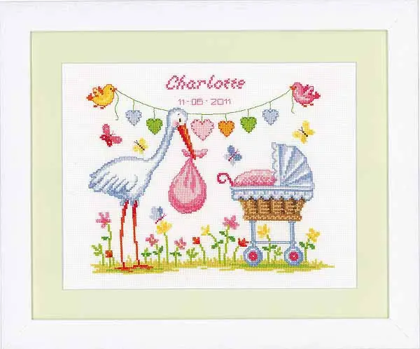 Stork and Pram Birth Sampler Cross Stitch Kit By Vervaco While Supplies Last