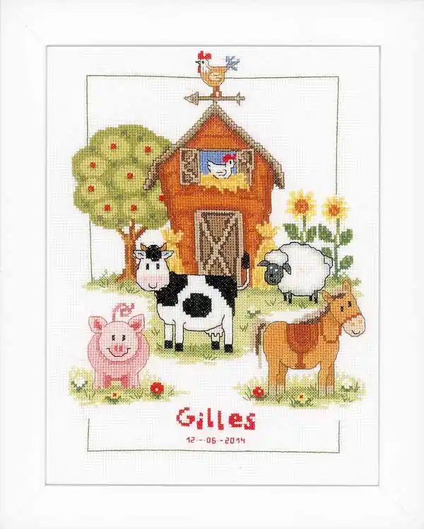 Express Delivery At the Farm Birth Sampler Cross Stitch Kit By Vervaco