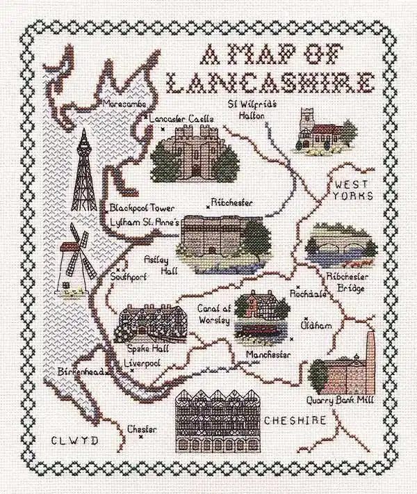 Lancashire Map Cross Stitch Kit by Classic Embroidery New Release