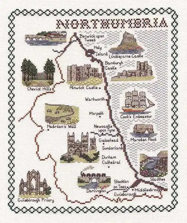 Northumbria Map Cross Stitch Kit by Classic Embroidery Money Back Guarantee