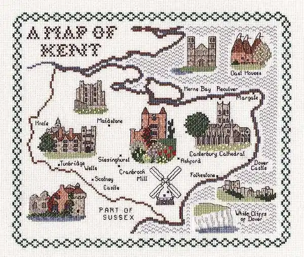Kent Map Cross Stitch Kit by Classic Embroidery Bargain