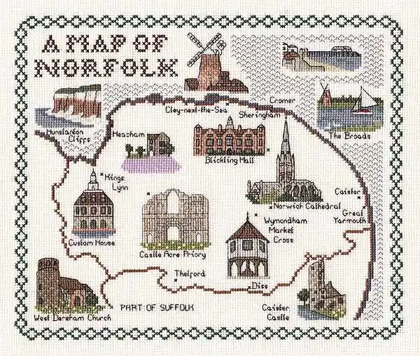 Next Day Delivery Norfolk Map Cross Stitch Kit by Classic Embroidery