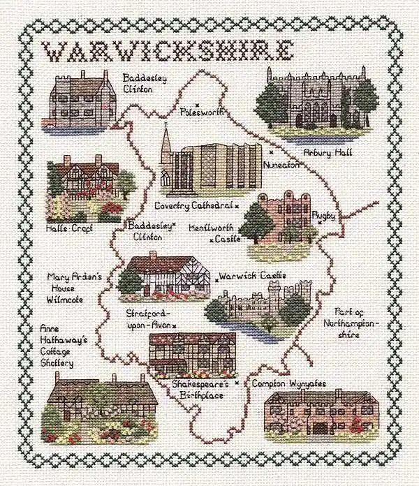 Warwickshire Map Cross Stitch Kit by Classic Embroidery Next Day Delivery