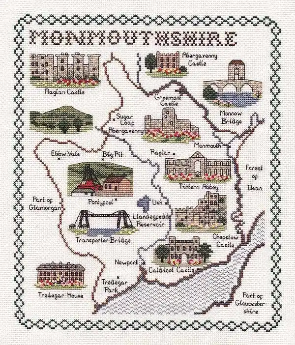 Handmade Monmouthshire Map Cross Stitch Kit by Classic Embroidery