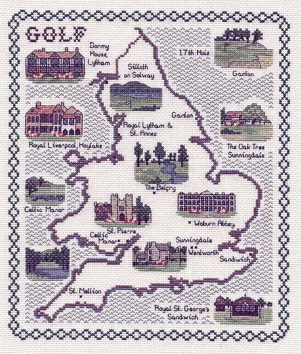 Golf in England and Wales Map Cross Stitch Kit by Classic Embroidery Reduced Price