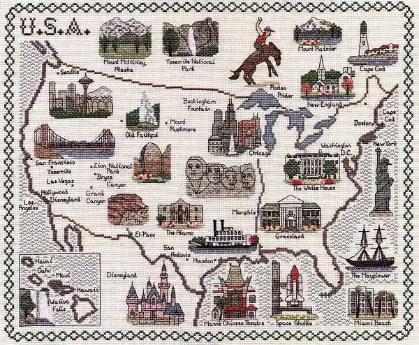 America Map Cross Stitch Kit by Classic Embroidery Clearance