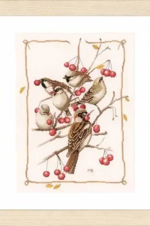 New Release Sparrows and Currant Bush Cross Stitch Kit By Lanarte
