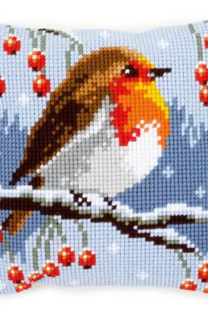Affordable Red Robin in Winter Printed Cross Stitch Cushion Kit by Vervaco