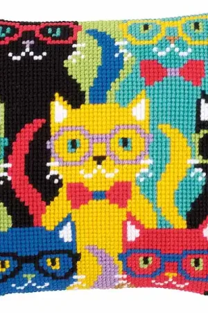 Seasonal Sale Funny Cats Printed Cross Stitch Cushion Kit by Vervaco
