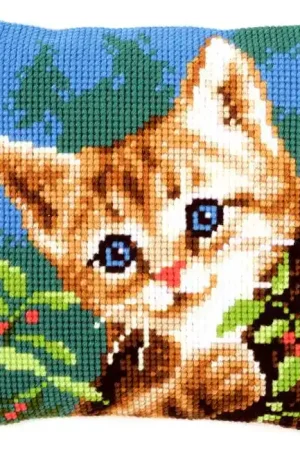 Authentic Cat on a Tree Printed Cross Stitch Cushion Kit by Vervaco