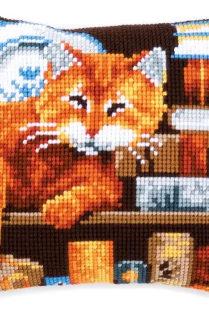 Special Discount Cat and Books Printed Cross Stitch Cushion Kit by Vervaco