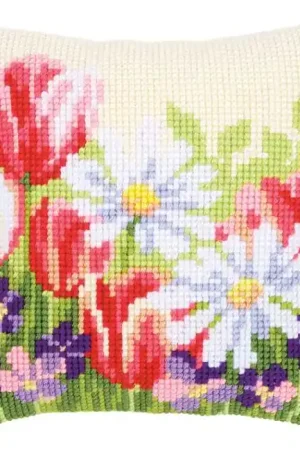 Reduced Price Spring Flowers Printed Cross Stitch Cushion Kit by Vervaco