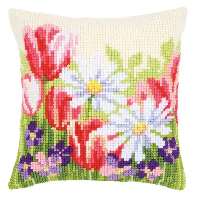 Reduced Price Spring Flowers Printed Cross Stitch Cushion Kit by Vervaco