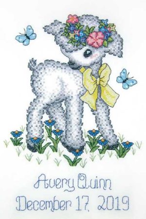 Lamb Birth Sampler Printed Cross Stitch Kit by Janlynn Reduced Price