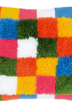 Bright Squares Latch Hook and Chain Stitch Cushion Kit By Vervaco Instant Buy