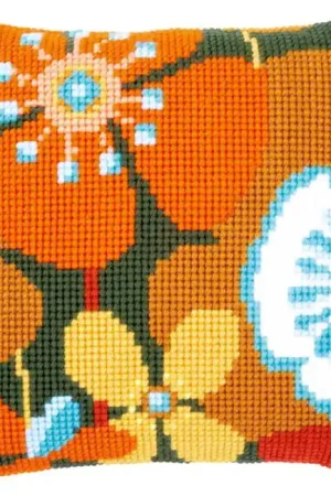 Retro Flowers Printed Cross Stitch Cushion Kit by Vervaco Price Drop
