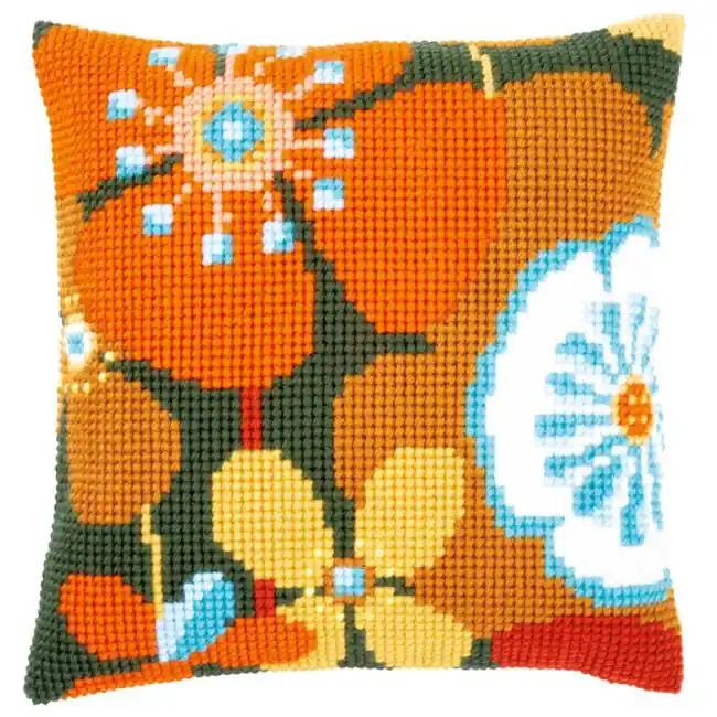 Retro Flowers Printed Cross Stitch Cushion Kit by Vervaco Price Drop