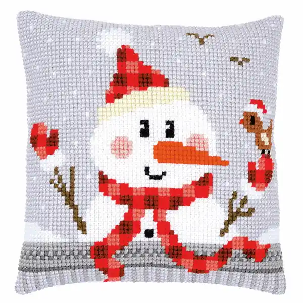 Snowman Printed Cross Stitch Cushion Kit by Vervaco Price Drop