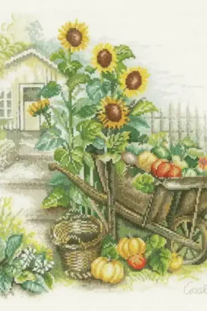 Wheelbarrow and Sunflowers Cross Stitch Kit By Lanarte Luxury