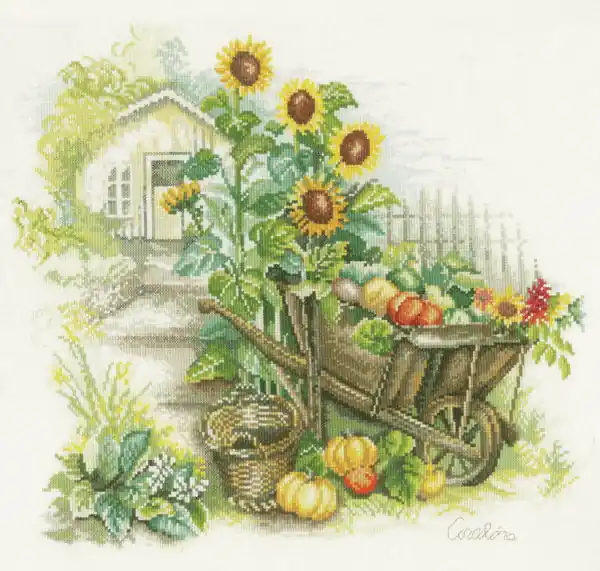 Wheelbarrow and Sunflowers Cross Stitch Kit By Lanarte Luxury