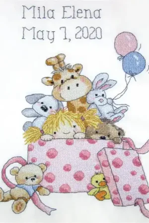 Fan Favorite Girls Toys Birth Sampler Printed Cross Stitch Kit by Janlynn