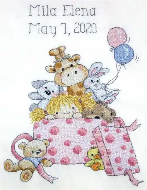 Fan Favorite Girls Toys Birth Sampler Printed Cross Stitch Kit by Janlynn
