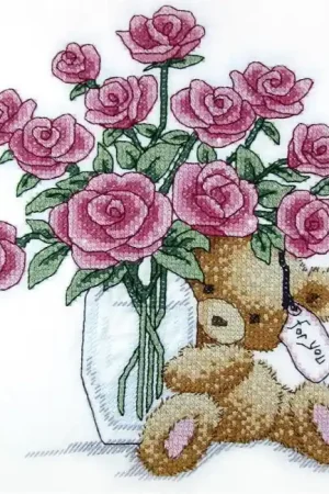 Bear with Roses Printed Cross Stitch Kit by Janlynn Authentic