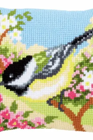 Bird in the Garden Printed Cross Stitch Cushion Kit by Vervaco Genuine
