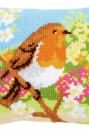 Robin in the Garden Printed Cross Stitch Cushion Kit by Vervaco Big Sale