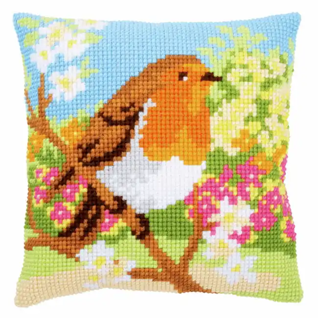 Robin in the Garden Printed Cross Stitch Cushion Kit by Vervaco Big Sale